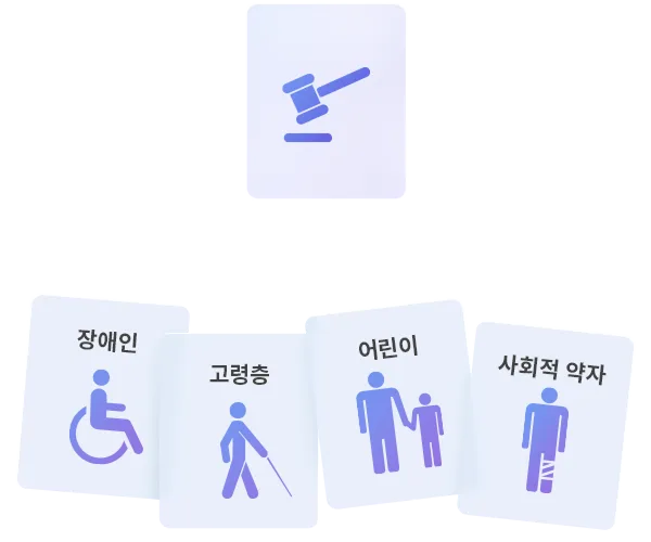 Pictograms representing people with disabilities, older adults, children and other vulnerable groups, beside a gavel symbolizing the law