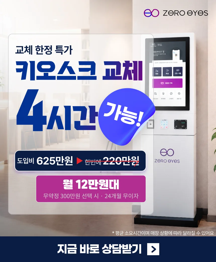 교체 한정 특가 — 키오스크 교체 4시간 가능. 도입비 625만원에서 한번에 220만원. 무약정 300만원 선택 시 삼성카드 24개월 무이자로 월 12만원대. 4시간은 평균 소요시간이며 매장 상황에 따라 달라질 수 있습니다. 지금 바로 상담받기.