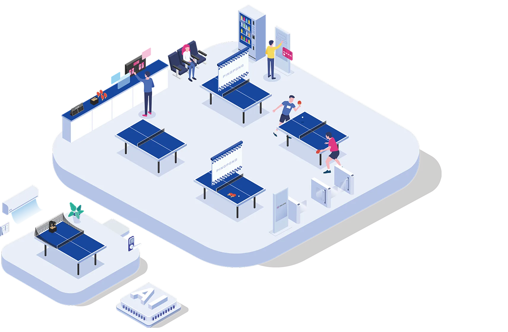 An overview of an unmanned ping pong center with screens, scoreboards, tables, robot table tennis, IoT control, an unmanned fridge and security equipment