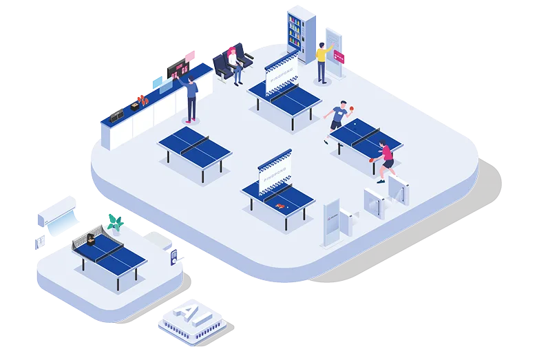 Layout of an unmanned ping pong center with a linked kiosk, screens and scoreboards