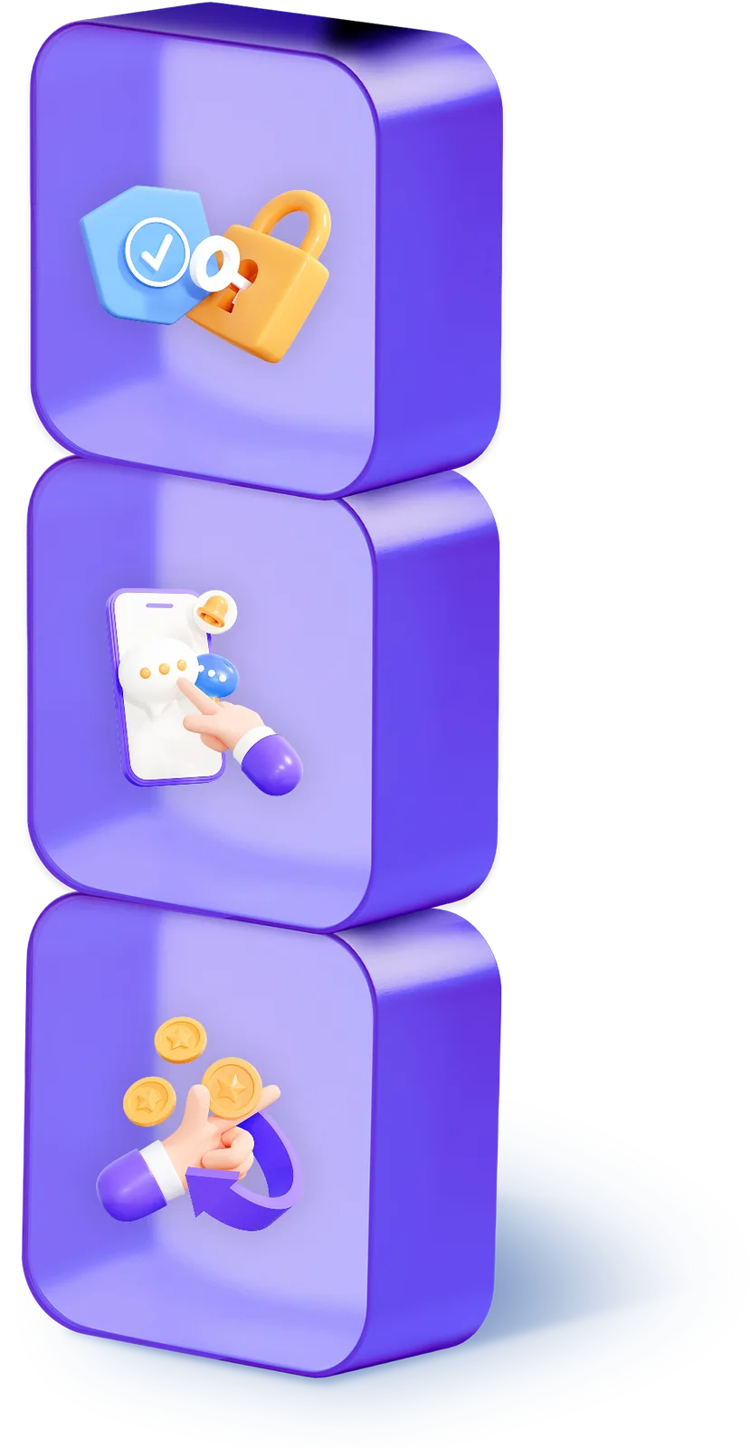 A cube illustration representing the three values — security, operation and cost savings