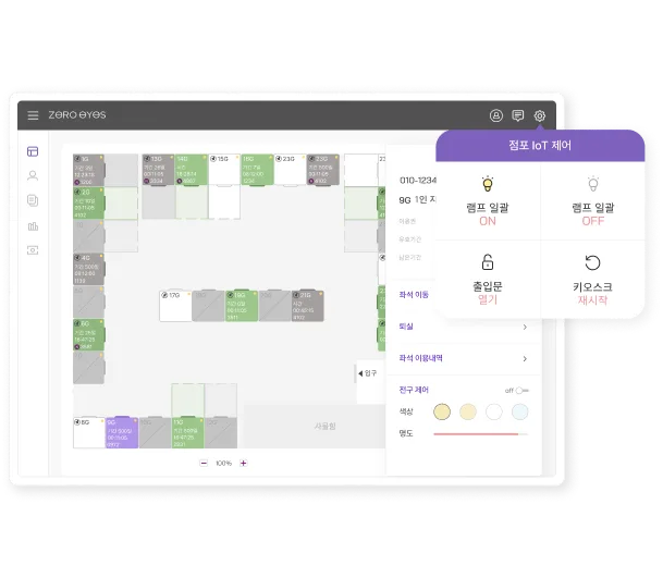 Admin Web IoT control screen — a panel for remotely opening doors and study rooms and switching each seat's light on and off
