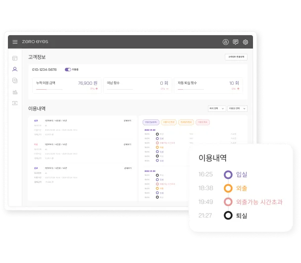 Admin Web customer management screen — per-customer payment and entry history with the blacklist settings list